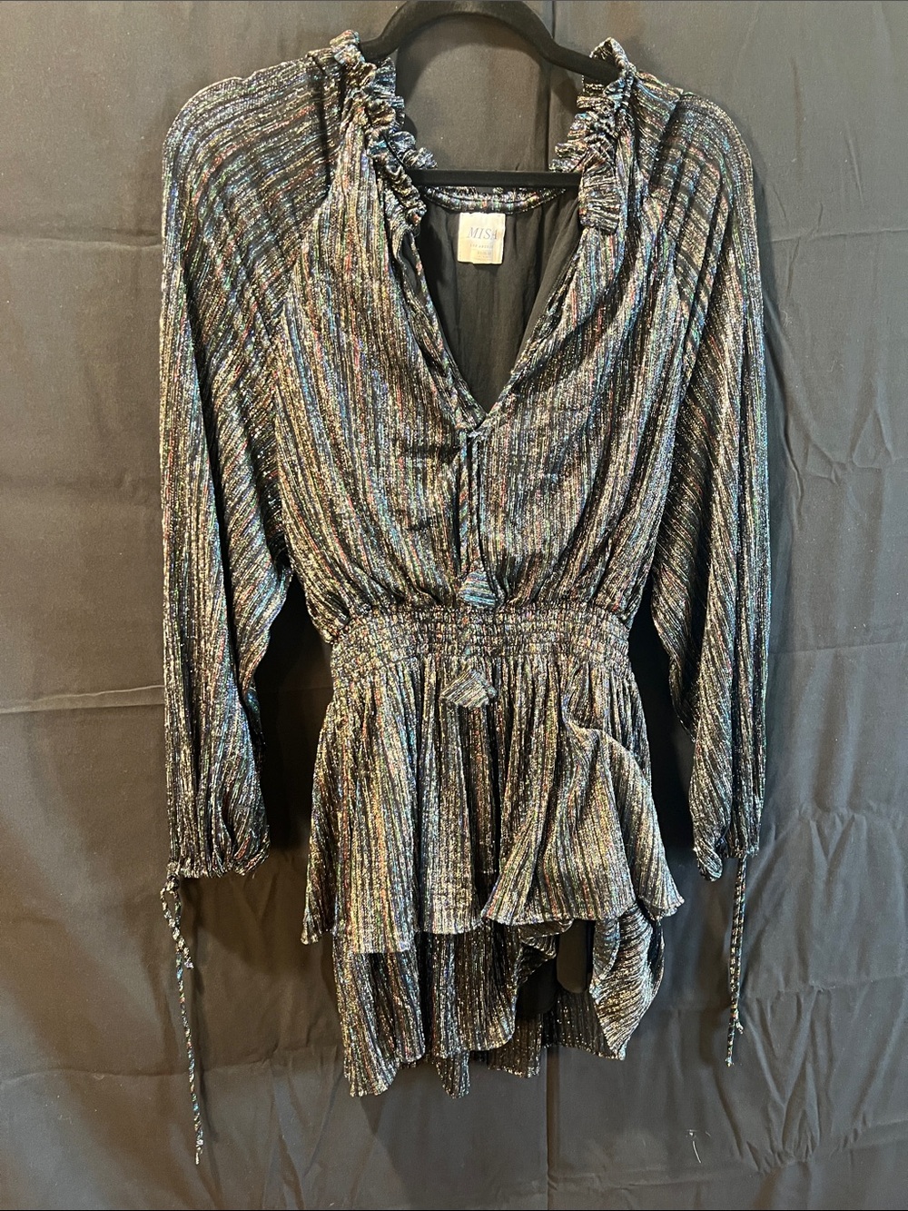 Misa Los Angeles Iridescent Black Multi-Stripe Ruffled Peplum Tunic